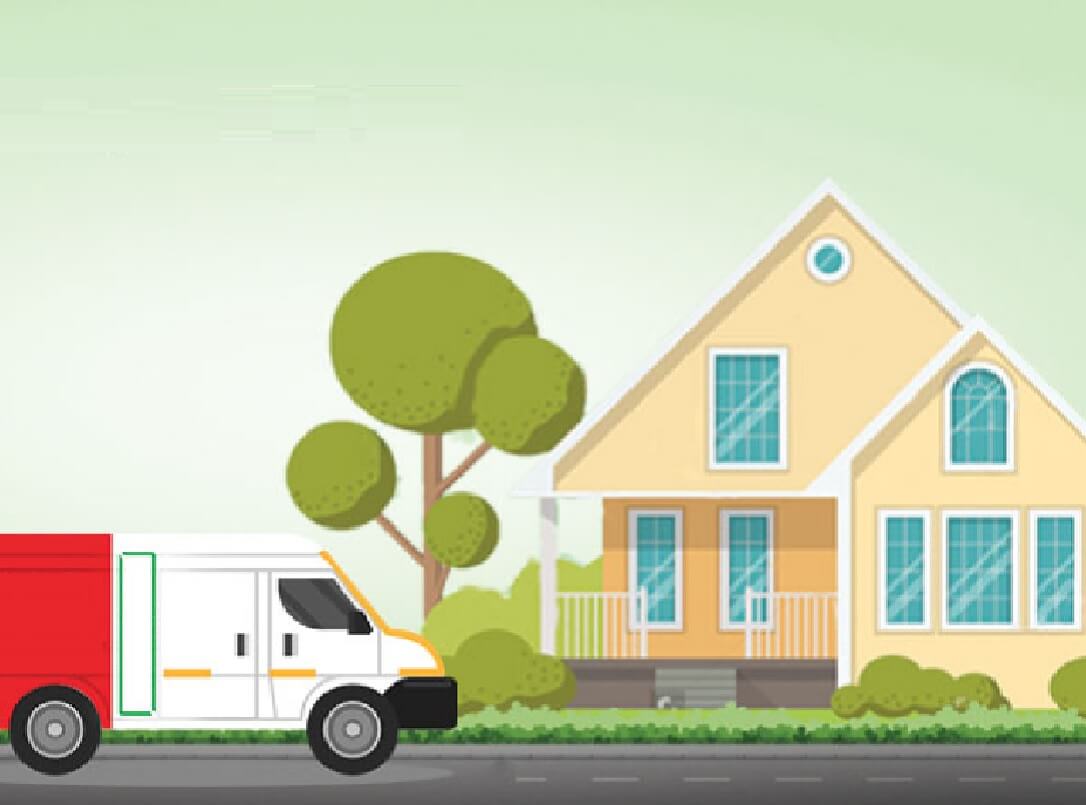 An illustration of a pest control service truck parked outside a residential home, symbolizing home pest control services or a pest control visit.