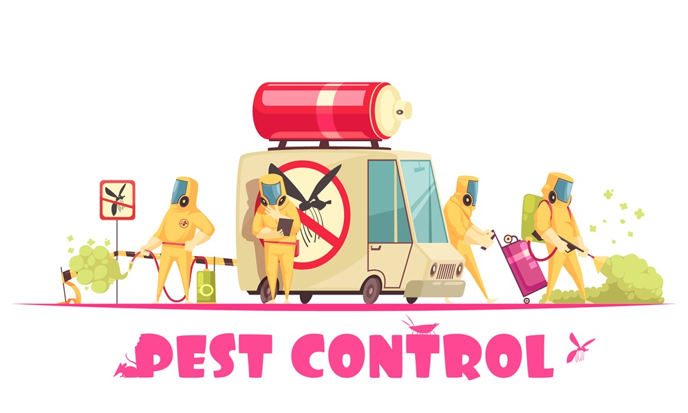 Pest control composition with text and human characters of disinfector crew members in chemical suites with car vector illustration.