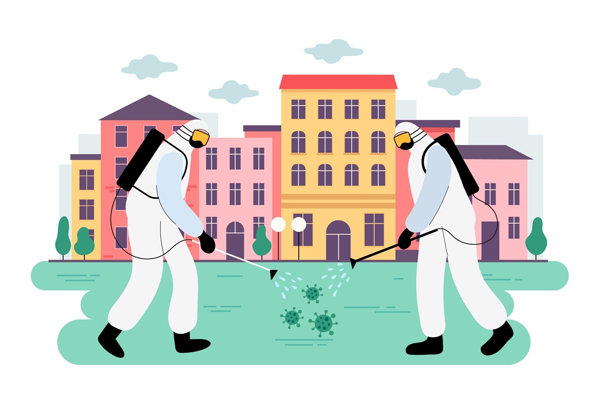 Two pest control workers in hazmat suits spraying disinfectant to eliminate viruses in a city.