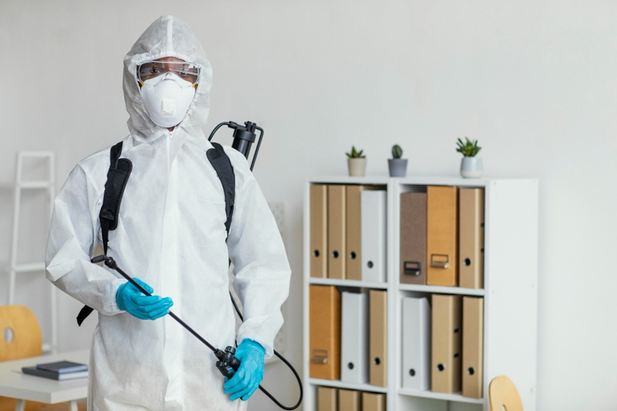 A pest control professional wearing a full white protective (hazmat) suit, respirator mask, and goggles, holding a backpack sprayer wand, ready to apply treatment in an office setting.