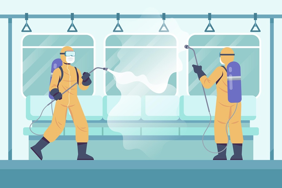 An illustration showing two people in full personal protective equipment (PPE), including orange hazmat suits, gloves, goggles, and face masks, disinfecting the interior of a subway or train car.
